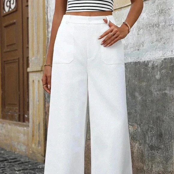 White Casual Women's High-Waisted Wide Leg Pants With Pockets - Picture 4 of 6